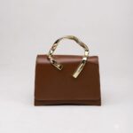 Brown Twisted Gold Handle Top Handle Bag